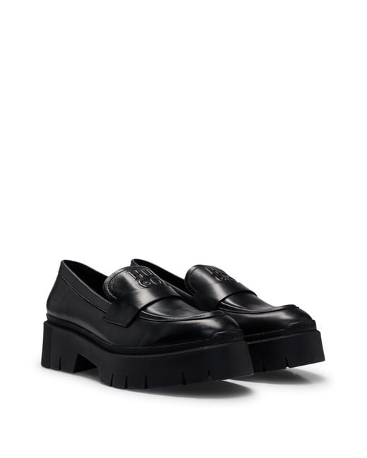 HUGO Black Chunky-sole Loafers In Smooth Leather With Logo Details