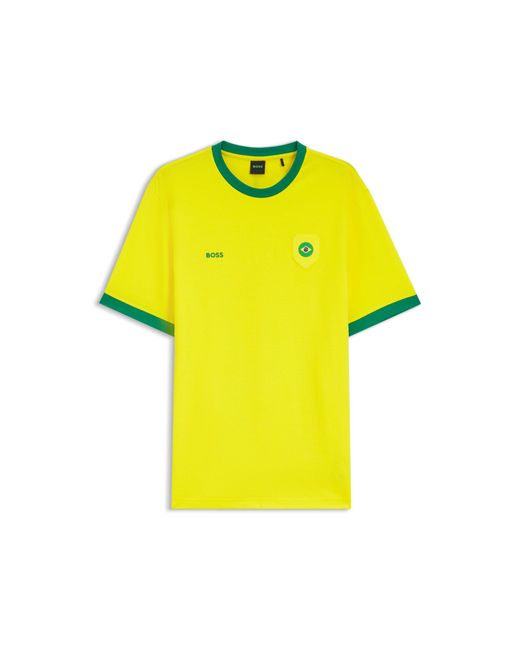 Boss Yellow Stretch-Cotton T-Shirt With Country Flag And Logo for men