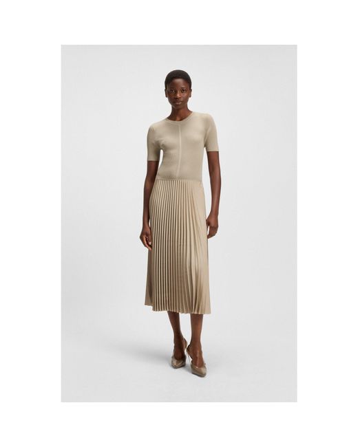 BOSS Mixed-Material Dress With Pliss Skirt in Natural | Lyst Australia