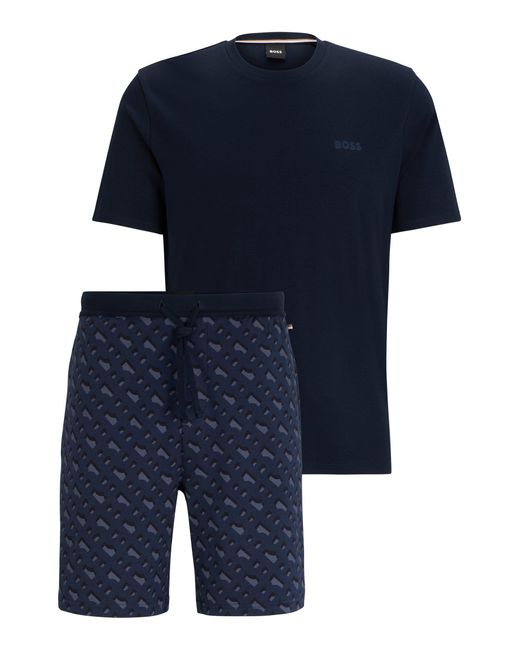 Boss Blue Interlock-cotton Pyjamas With Branding In Gift Box for men