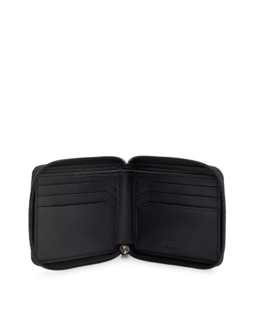 HUGO Black Ziparound Wallet In Matte Leather With Stacked Logos for men