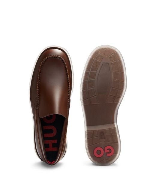 HUGO Brown Leather Loafers With Translucent Rubber Sole for men