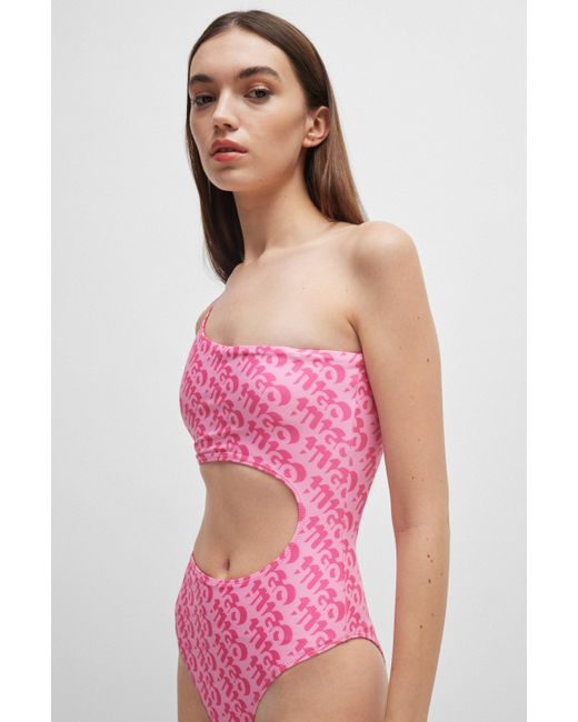 HUGO Pink Badeanzug mit Logo-Print und Cut-out-Detail