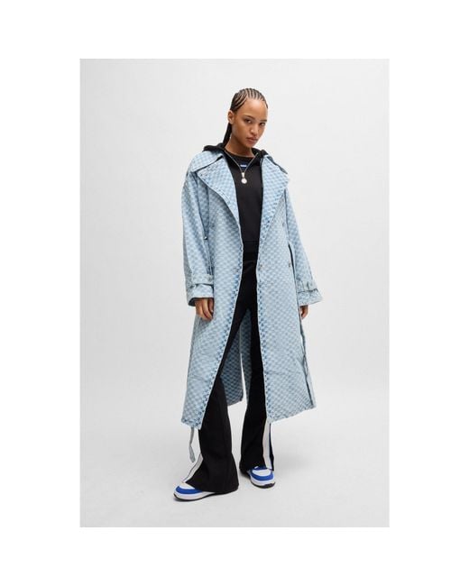 HUGO Blue Denim Trench Coat With Checkerboard Jacquard