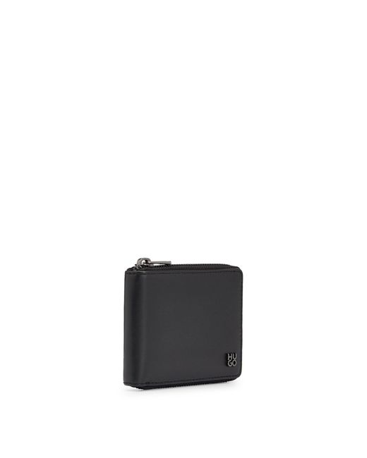 HUGO Black Matte-leather Ziparound Wallet With Stacked Logo for men