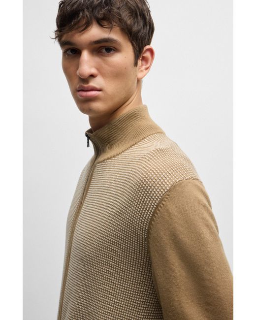 Boss Brown Zip-up Cardigan In Wool With Mixed Structures for men