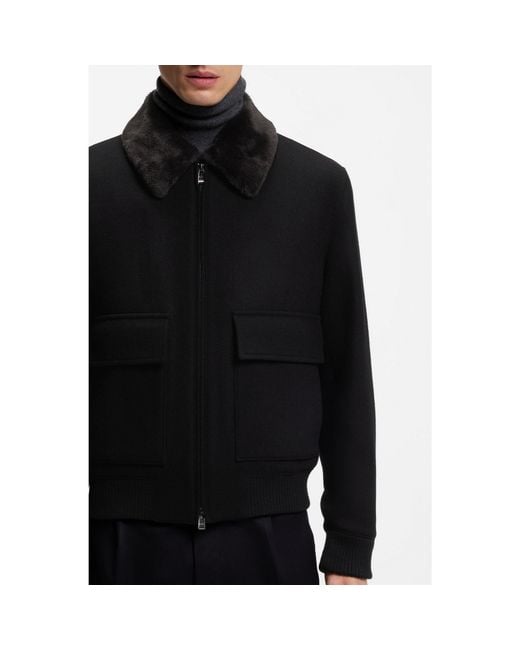 Boss Black Wool-Cashmere Coat With Faux-Fur Collar for men