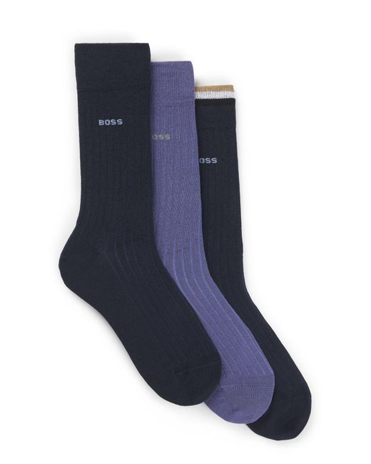 Boss Blue Three-pack Of Regular-length Cotton-blend Socks for men