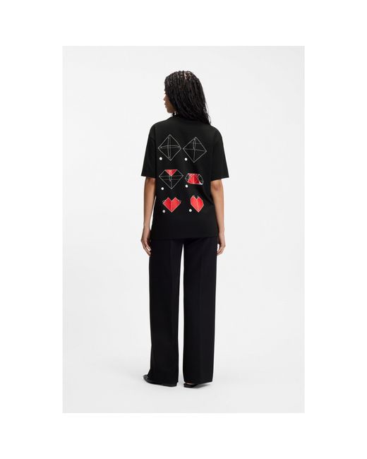 HUGO Black All-Gender Cotton-Jersey T-Shirt With Origami-Heart Prints