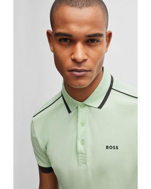 Boss Poloshirt aus Baumwoll-Piqué mit kontrastfarbenen Streifen und Logo in Green für Herren