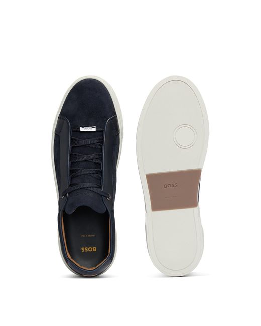 Boss Blue Gary Italian-made Trainers In Leather And Suede for men