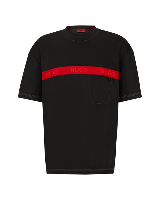 HUGO Black Cotton-blend T-shirt With Red Logo Tape for men