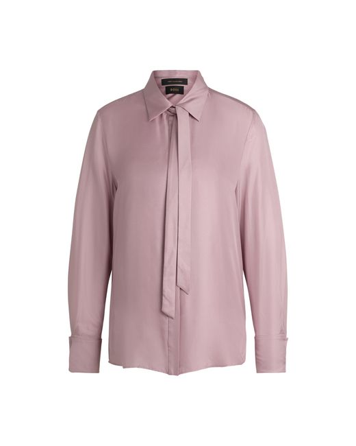 Boss Pink Italian-Silk Blouse With Bow Collar