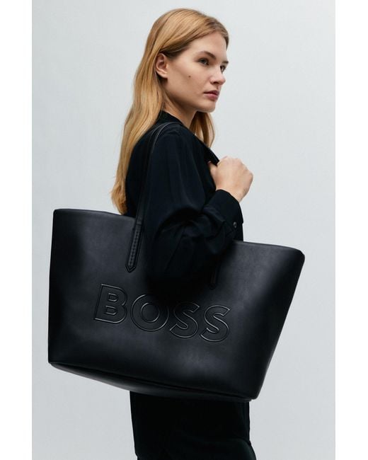 Boss Black Grained Faux-leather Shopper Bag With Outline Logo