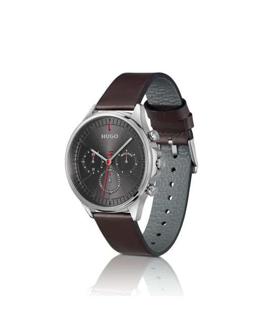 HUGO Gray Tone Watch With Leather Strap for men