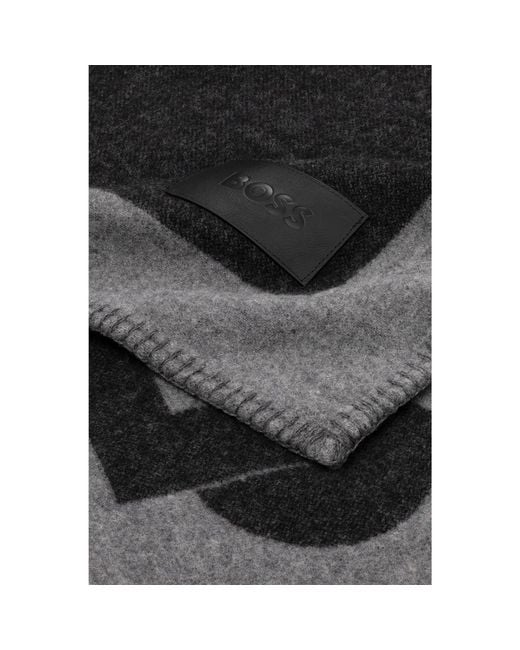 Boss Black Wool-Blend Throw With Double B Monogram