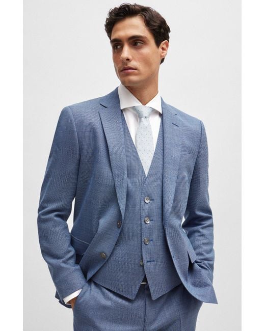 Boss Blue Slim-fit Suit In A Hopsack-weave Wool Blend for men