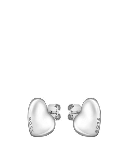 Boss White Heart-shape Silver-tone Earrings With Logo Details