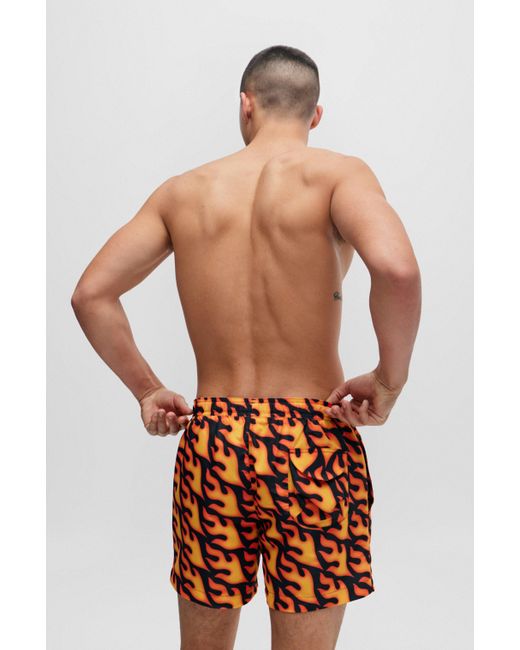 HUGO Badeshorts mit Flammen-Print und Logo in Orange für Herren