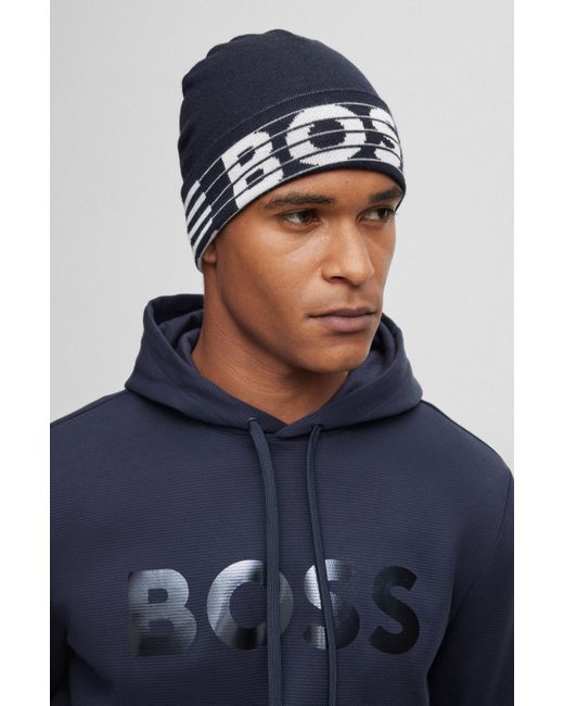 BOSS by HUGO BOSS Beanie Hat Finished With Meta-stripe Logo in Blue for Men  | Lyst