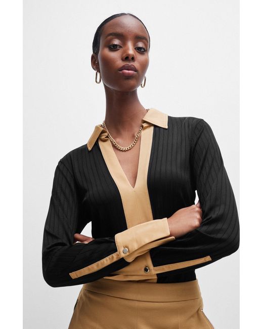 Boss Black Ribbed Long-sleeved Blouse With Johnny Collar