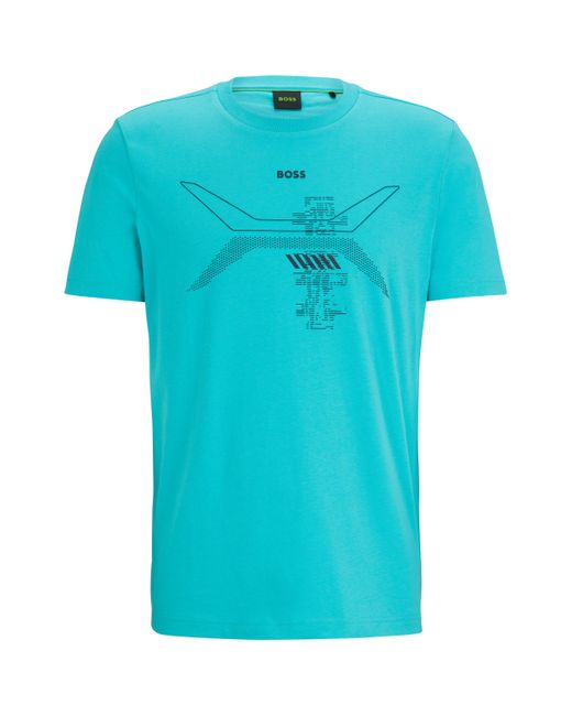 Boss Blue Cotton-jersey T-shirt With Crew Neck And Seasonal Artwork for men