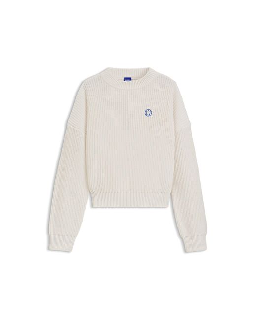 HUGO White Relaxed-Fit Sweater With Happy Patch