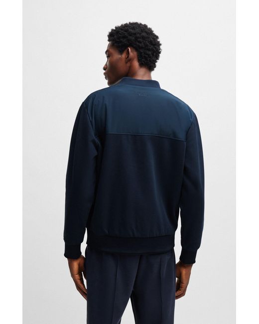Boss Blue Porsche X Stretch-cotton Bomber Sweatshirt With Mixed Materials for men
