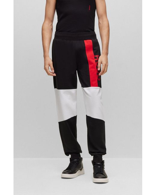 HUGO Black Stretch-cotton Tracksuit Bottoms With Colour-blocking And Logo for men
