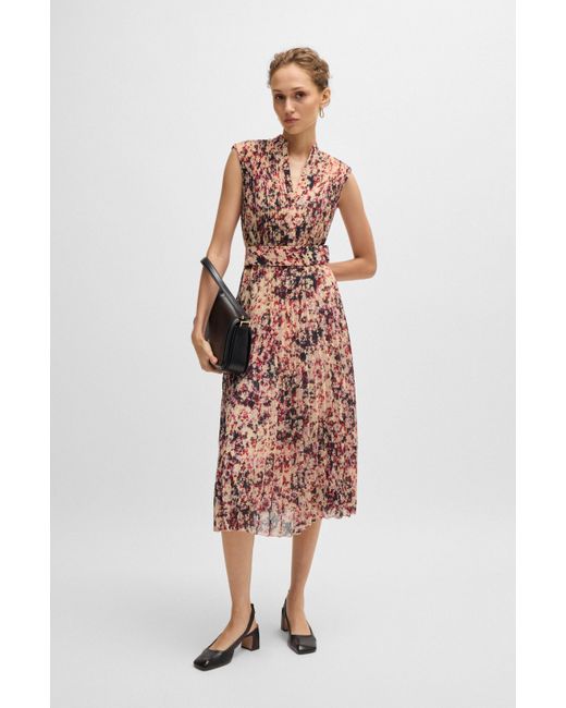 Boss Multicolor Pliss-crepe Dress With Floral Print