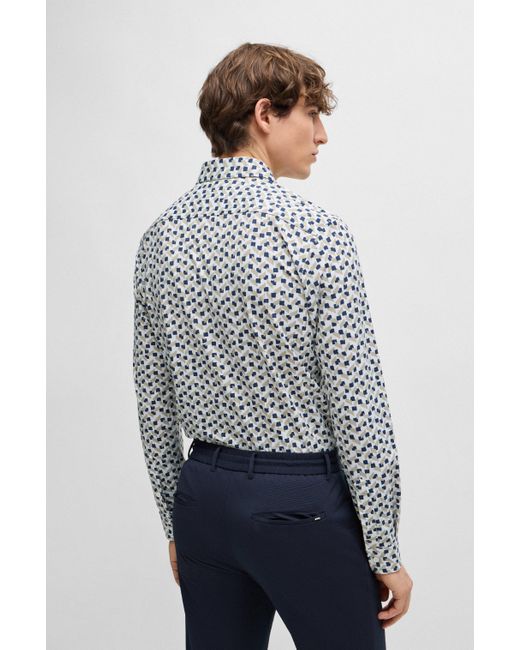 Boss Natural Slim-fit Shirt In Printed Performance-stretch Material for men