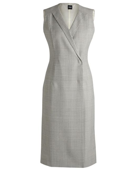Boss White Wrap-front Dress In Checked Virgin-wool Crepe