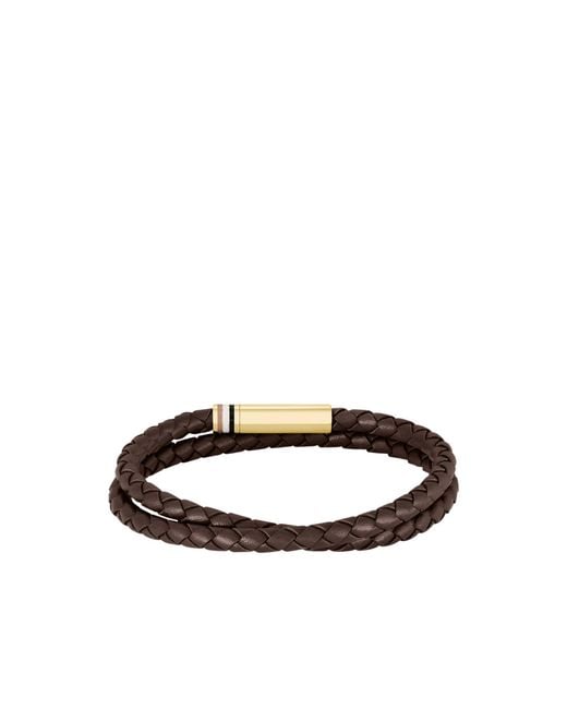 Boss Brown Braided-Leather Cuff With Logo Closure for men