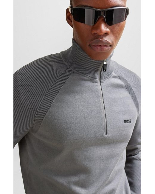 Boss Gray Cotton-blend Zip-neck Sweater With Logo Detail for men