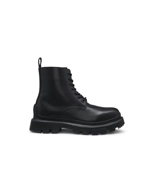 HUGO Black Lace-Up Leather Boots With Chunky Sole for men
