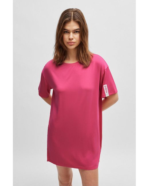HUGO Pink Relaxed-fit Night Dress With Logo Print