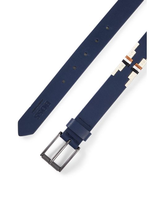 Boss Blue Equestrian Belt With Embroidery And Signature Stripe