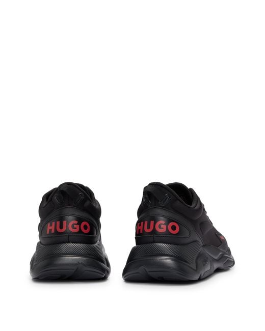 HUGO Black Mixed-material Lace-up Trainers With Faux Leather for men