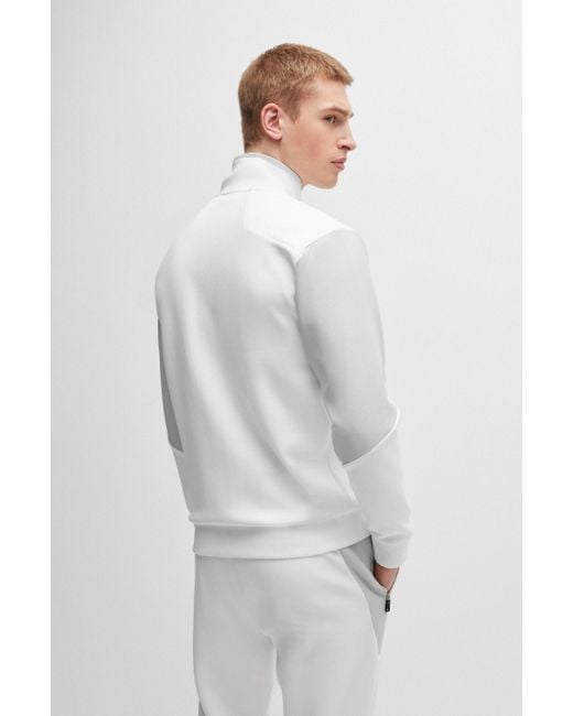 Sweat zippé en coton mélangé avec logo en relief Boss pour homme en coloris White