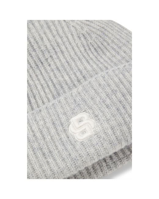 Boss White Wool-Cashmere Beanie Hat With Double B Monogram