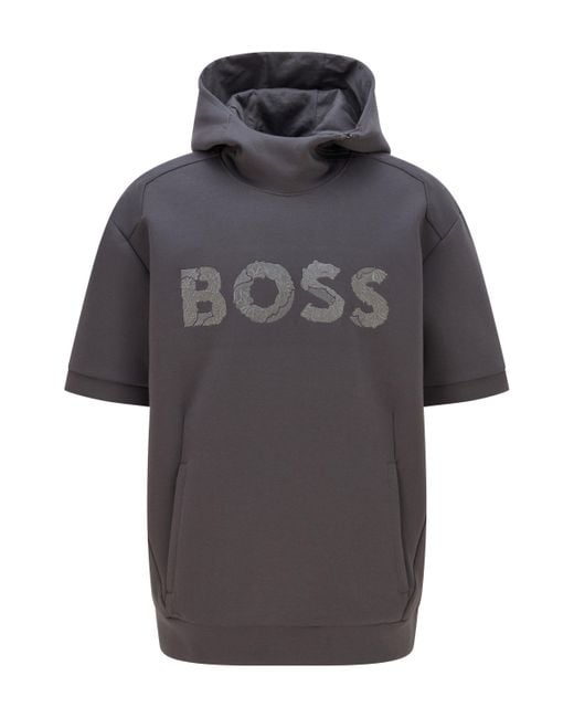 BOSS by Hugo Boss Relaxed-Fit Hoodie mit Logo-Artwork und kurzen Ärmeln in Gray für Herren
