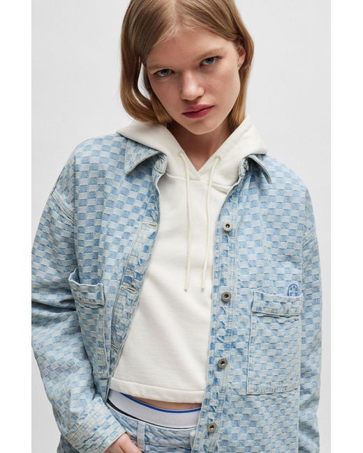 HUGO Blue-denim Jacket With Checkerboard Jacquard