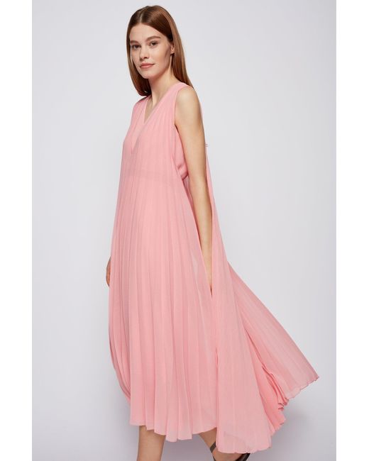 BOSS V-neck Midi Dress In Recycled Plissé Chiffon in Pink