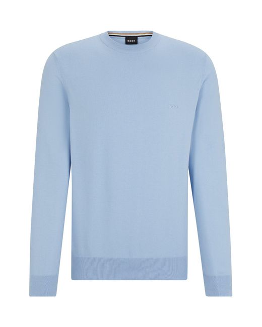 Boss Blue Crew-neck Sweater In Cotton With Embroidered Logo for men