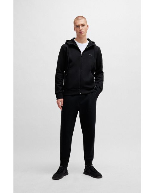Boss Black Stretch-cotton Zip-up Hoodie With Logo Print for men