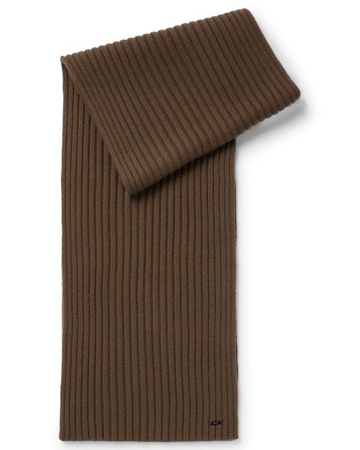 Boss Brown Rib-knit Cashmere Scarf With Metal Logo Plaque for men