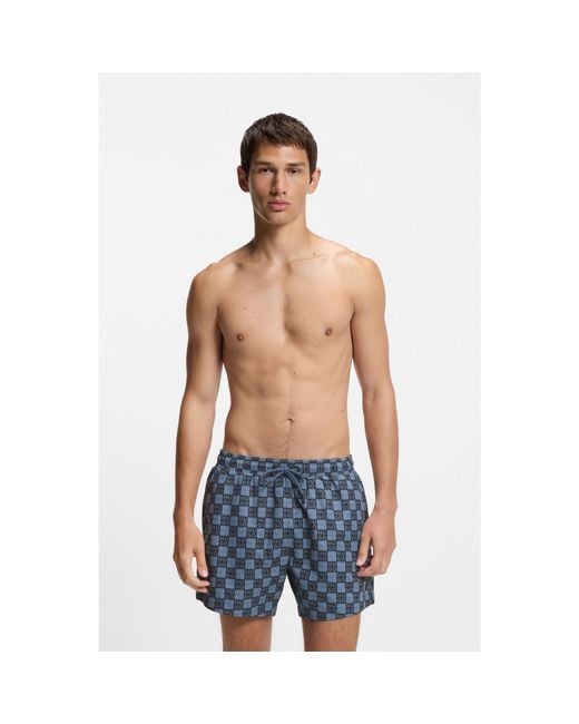 HUGO Blue Quick-Dry Swim Shorts With Stacked-Logo Check Print for men