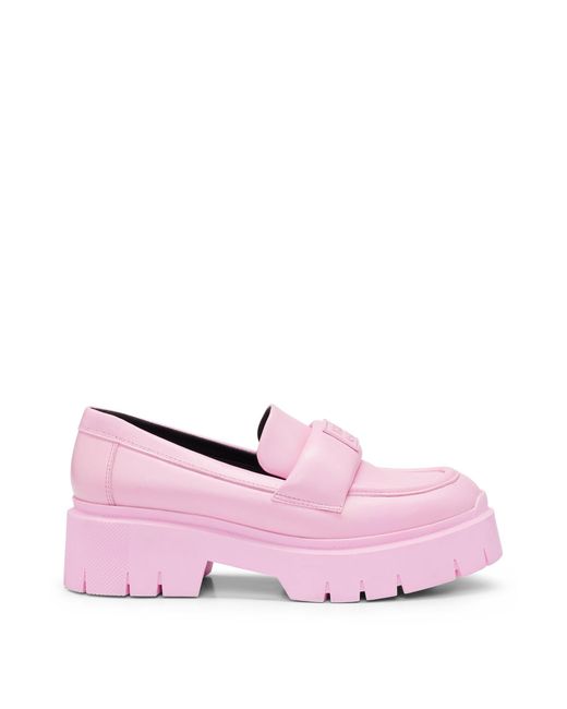 HUGO Pink Leather Loafers With Platform Sole And Branded Strap