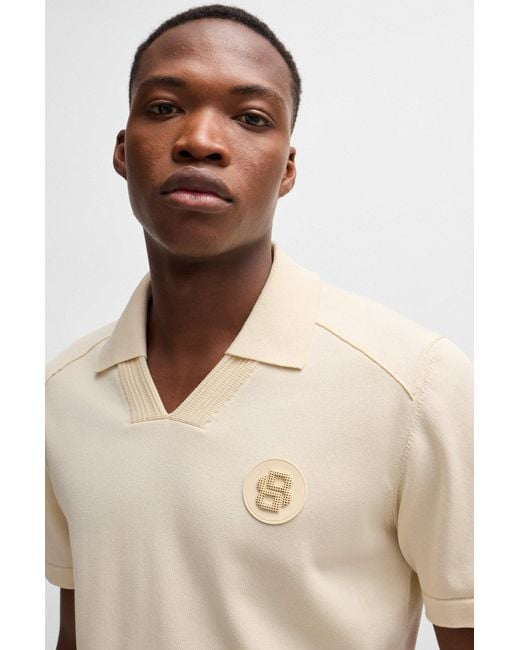 Boss Natural Johnny-collar Polo Shirt With Double-monogram Badge for men