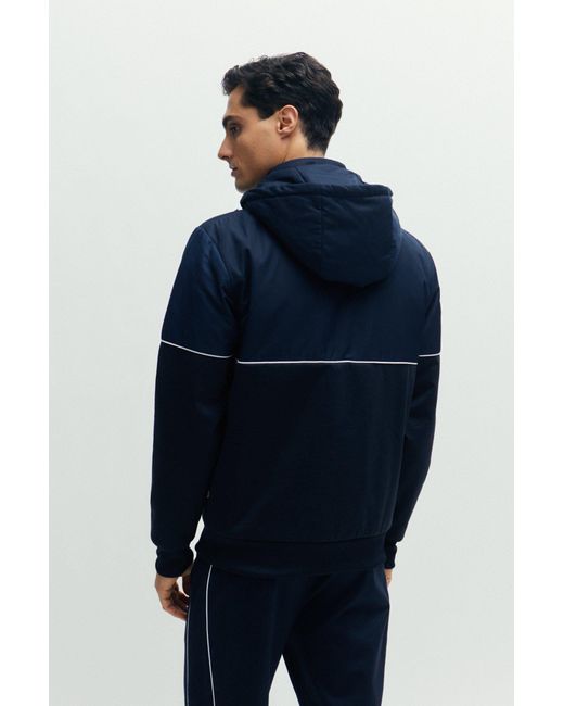 Boss Blue Hybrid Zip-up Hoodie With Piping And Raised Logo for men